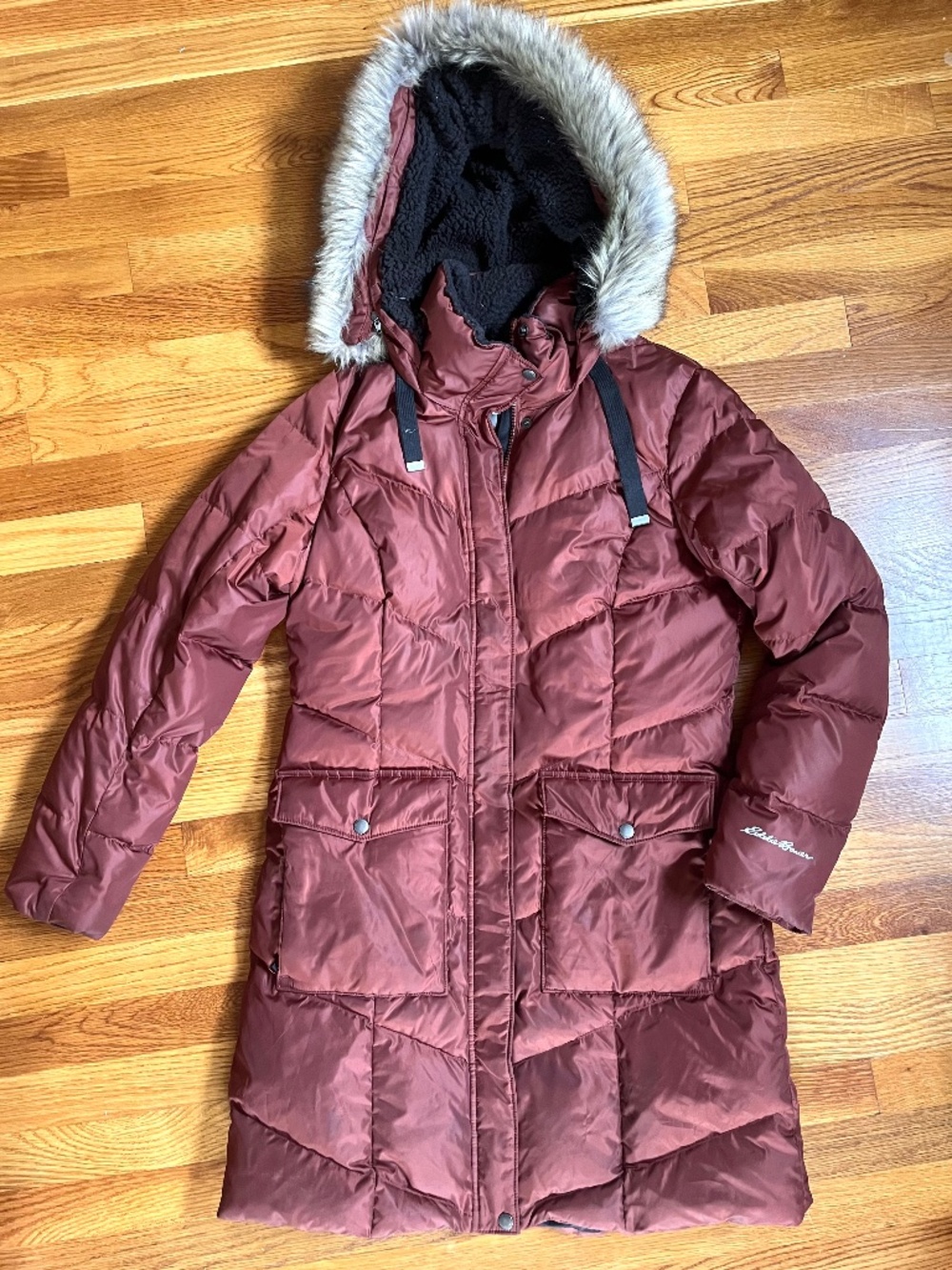 Eddie Bauer burgundy Winter parka jacket — faux fur hood